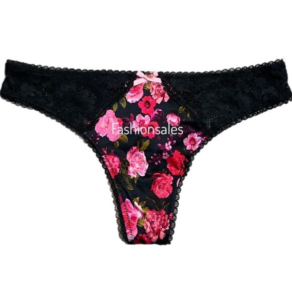 Victorias Secret Body Supersoft Satiny & Lace Thong panty Black floral Small - Picture 1 of 3
